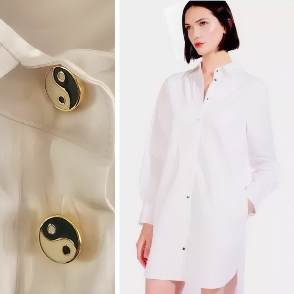 STAUD White Mini Shirt Dress with Yin Yang Button Detail
